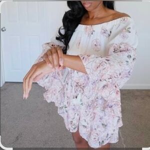 Hint Of Blush Floral Off-Shoulder Romper Pink & Cream Size M